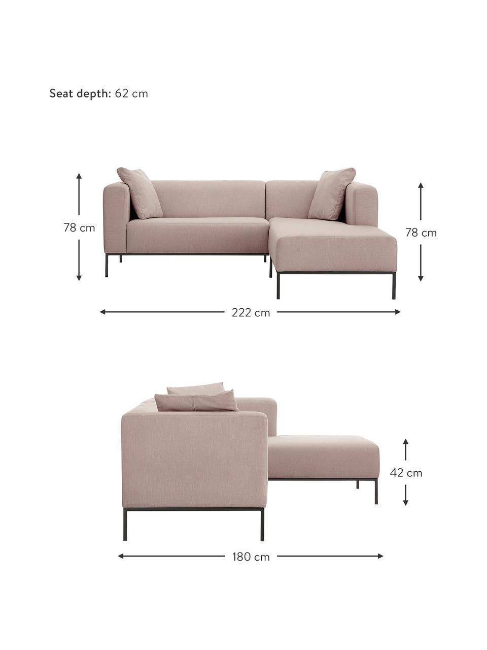 Ecksofa Carrie in Altrosa mit Metall-Füßen, Bezug: Polyester 50.000 Scheuert, Gestell: Spanholz, Hartfaserplatte, Füße: Metall, lackiert, Webstoff Altrosa, B 222 x T 180 cm