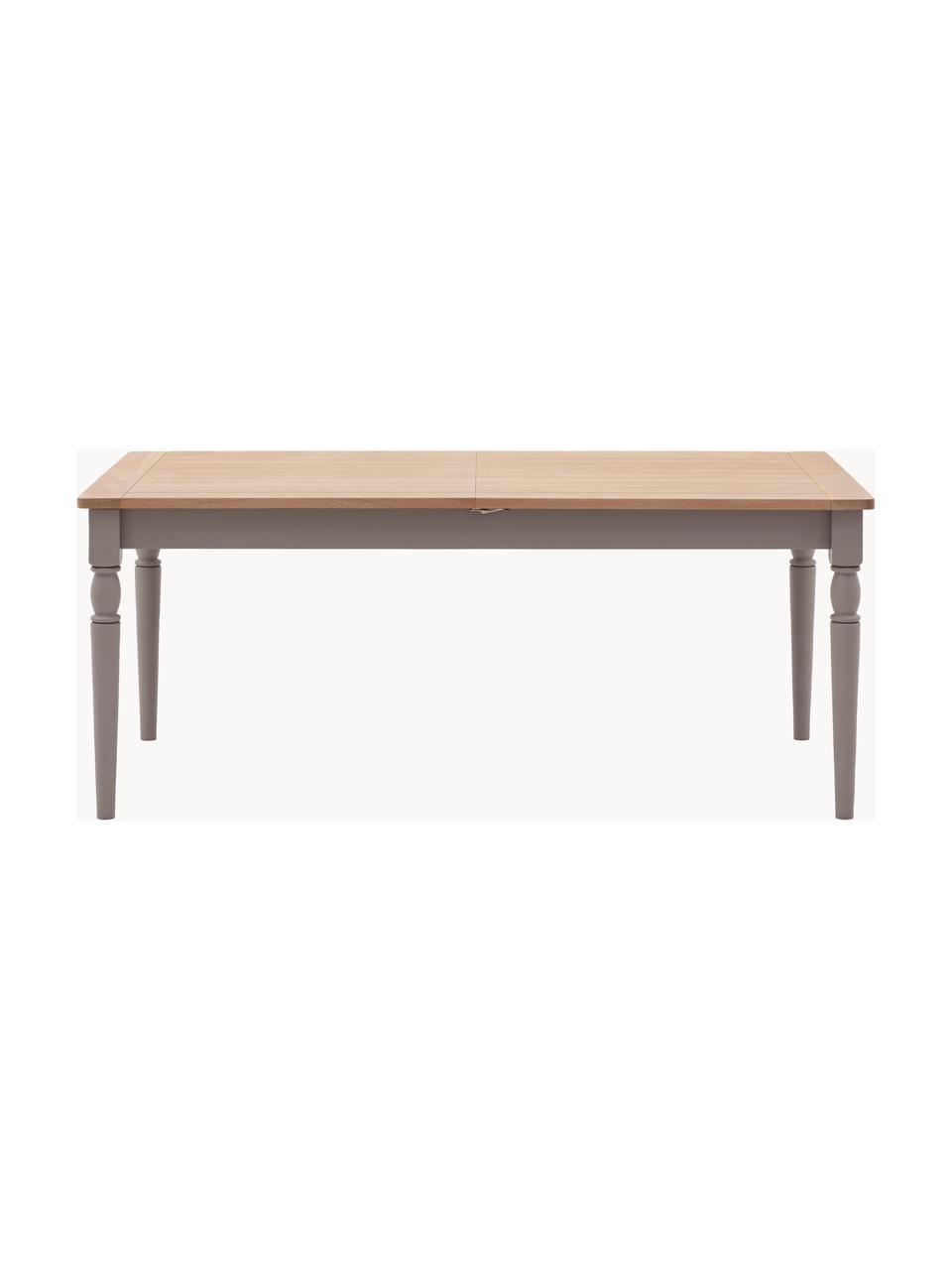 Uitschuifbare eettafel Eton van hout, 180-230 x 95 cm, Tafelblad: eikenhout, MDF, Frame: gelakt eikenhout, Eikenhout, taupe, B 180 x D 95 cm