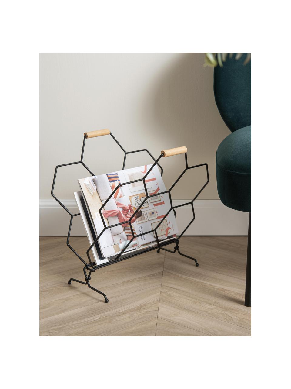 Tijdschriftenhouder Honeycomb, Handvatten: hout, Zwart, helder hout, B 40 x H 45 cm