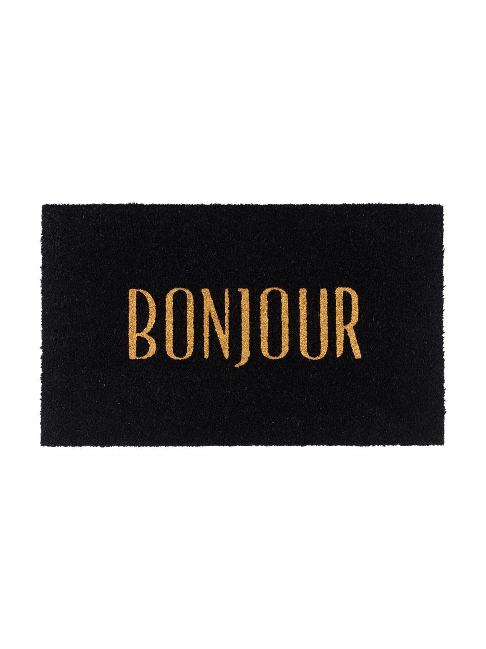 Fußmatte Bonjour, Oberseite: Kokosfaser, Unterseite: Vinyl, Schwarz, Goldfarben, 45 x 75 cm