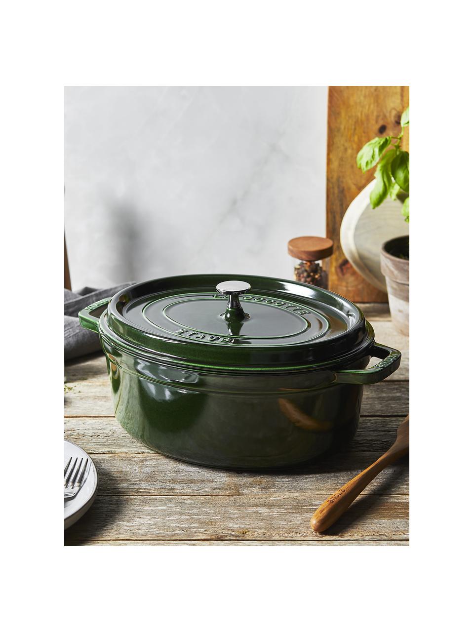 Oválný pekáč z litiny La Cocotte, Smaltovaná litina, Tmavě zelená, stříbrná, Š 38 cm, V 17 cm, 5,5 l