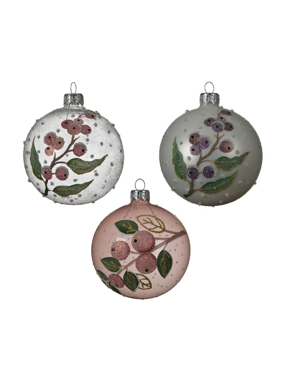 Kerstballen Berry Ø 8 cm, 3 stuks, Wit, roze, groen, Ø 8 cm