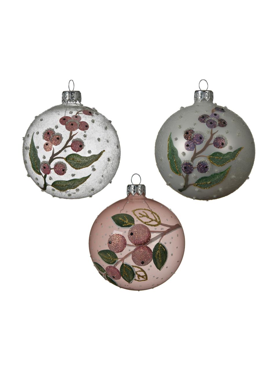 Súprava vianočných gúľ Berry, 3 diely, Biela, ružová, zelená, Ø 8 cm