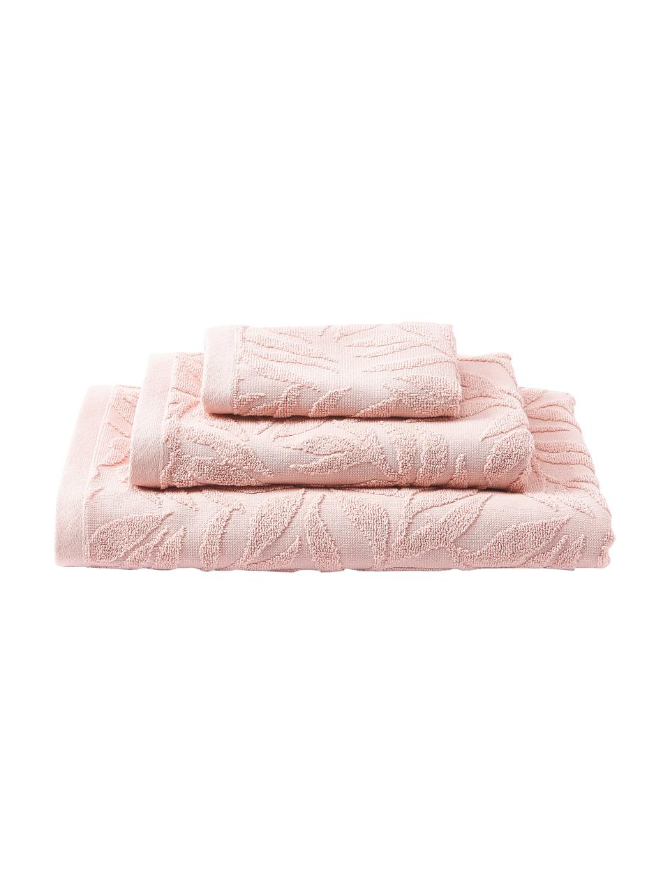 Handdoekenset Leaf van katoen, 3-delig, 100% katoen
Middelzware kwaliteit 450 g/m²

Het materiaal dat in dit product wordt gebruikt, is getest op schadelijke stoffen en gecertificeerd volgens STANDARD 100 door OEKO-TEX®, 3883CIT, CITEVE, Roze, Set met verschillende formaten