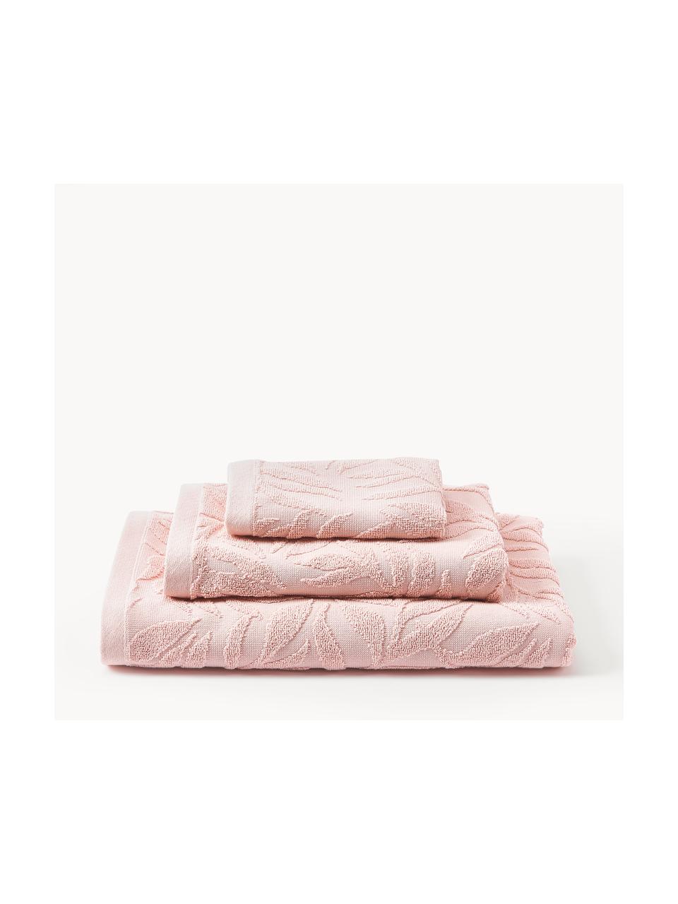 Lot de serviettes de bain en coton Leaf, tailles variées, Rose pâle, 3 éléments (1 serviette invité, 1 serviette de toilette et 1 drap de bain)