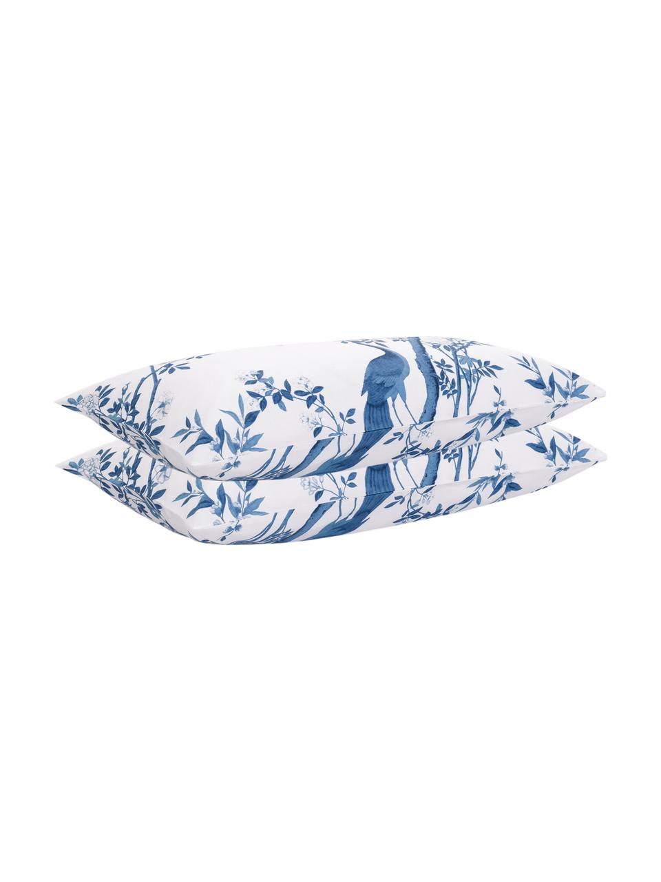 Baumwollperkal-Kopfkissenbezüge Annabelle mit floraler Zeichnung, 2 Stück, Webart: Perkal Fadendichte 200 TC, Blau, Weiss, B 40 x L 80 cm