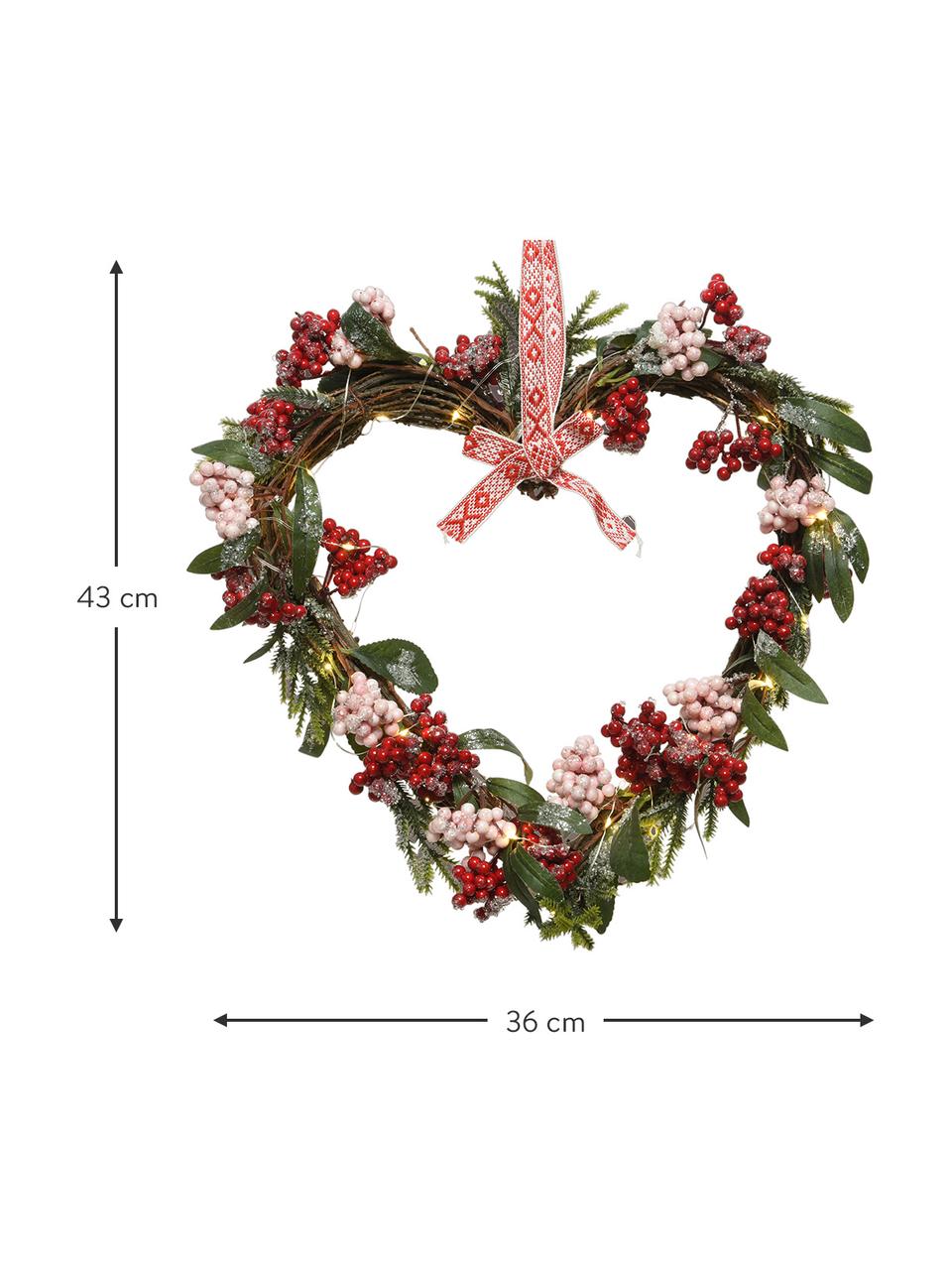 LED kerstkrans Heart B 36 cm, Kunststof, Rood, groen, wit, B 36 cm x H 43 cm