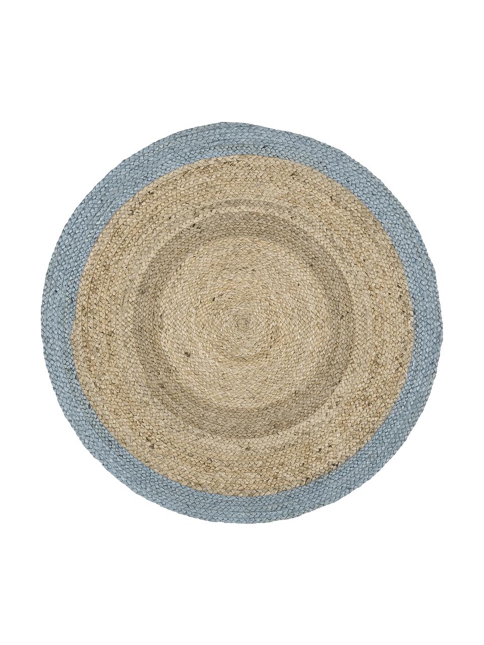 Runder Jute-Teppich Shanta mit blauem Rand, handgefertigt, 100 % Jute
 
 Da die Haptik von Jute-Teppichen rau ist, sind sie für den direkten Hautkontakt weniger geeignet., Braun, Taubenblau, Ø 100 cm (Größe XS)