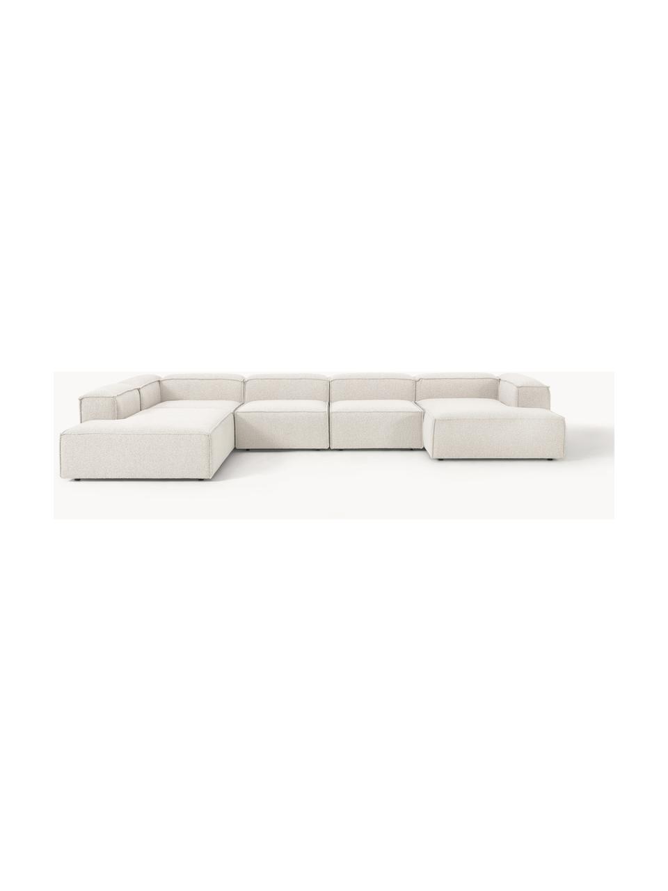 Sofa modułowa Bouclé Lennon, Tapicerka: Bouclé (100% poliester) D, Stelaż: lite drewno sosnowe, skle, Nogi: tworzywo sztuczne Ten pro, Bouclé w odcieniu złamanej bieli, S 418 x G 269 cm, prawostronna