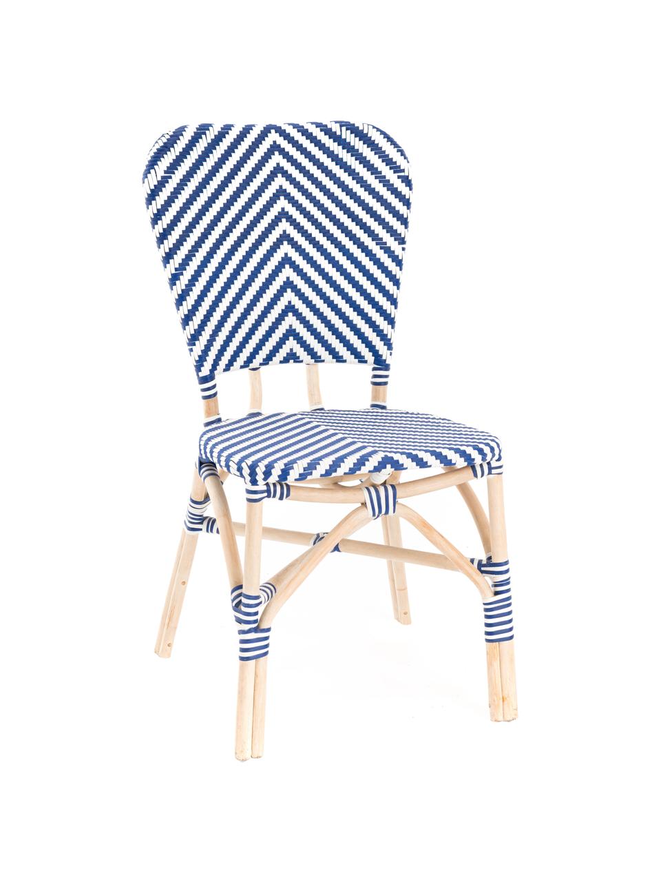 Silla para exterior Bistrot, Tapizado: tela tejida, Estructura: ratán, Azul, blanco, An 59 x F 52 cm