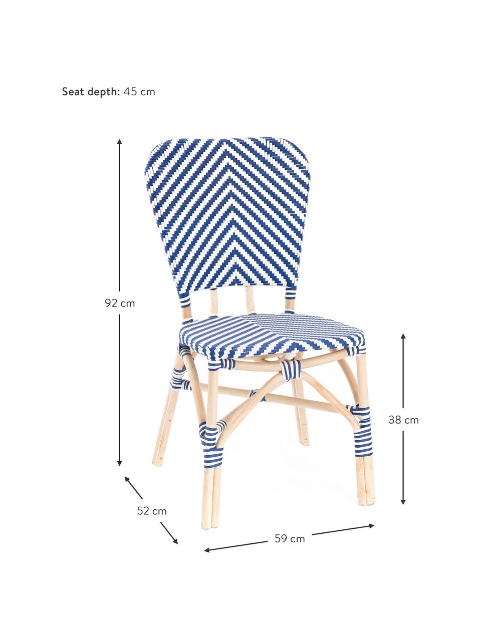 Silla para exterior Bistrot, Tapizado: tela tejida, Estructura: ratán, Azul, blanco, An 59 x F 52 cm