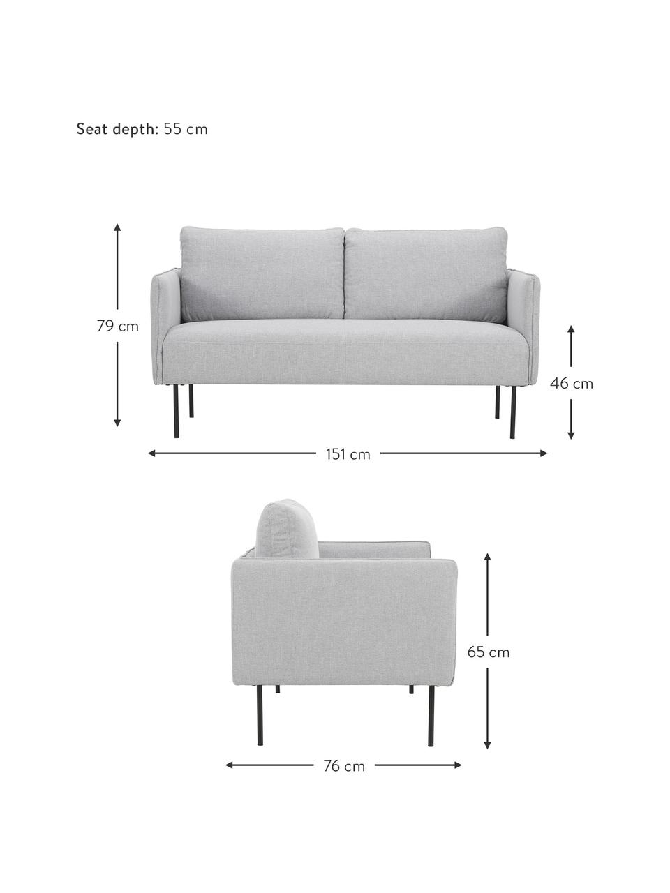 Bank Ramira (2-zits) in lichtgrijs met metalen poten, Bekleding: polyester, Frame: massief grenenhout, multi, Poten: gepoedercoat metaal, Lichtgrijs, B 151 x D 76 cm