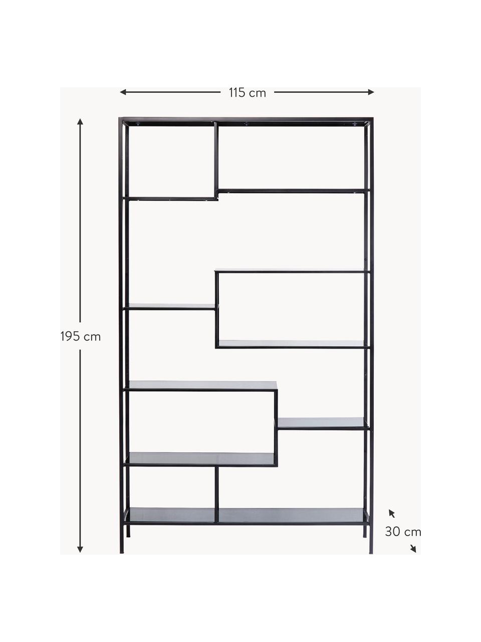 Estantería de metal Loft, Estructura: acero con pintura en polv, Estantes: vidrio laminado, Negro, An 115 x Al 195 cm