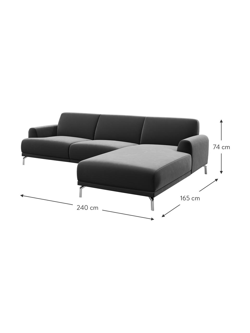 Sofa narożna z aksamitu Puzo, Tapicerka: 100% aksamit poliestrowy,, Nogi: metal lakierowany, Ciemny szary, S 240 x G 165 cm