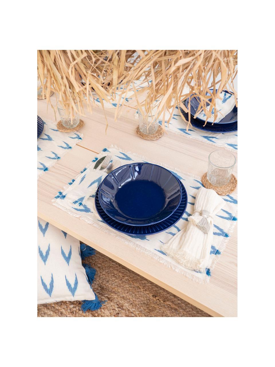 Baumwoll-Tischset Cala mit blauem Boho-Muster, 100% Baumwolle, Blau, Weiss, 35 x 50 cm