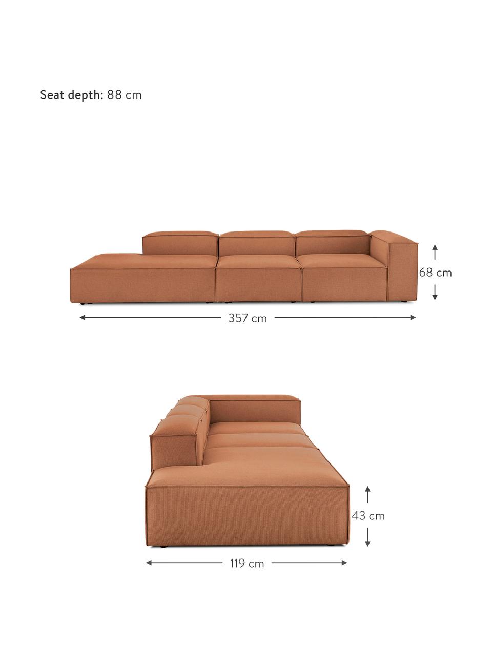 Modulárny XL šezlong Lennon, Nugátová, Š 357 x H 119 cm, s operadlom napravo