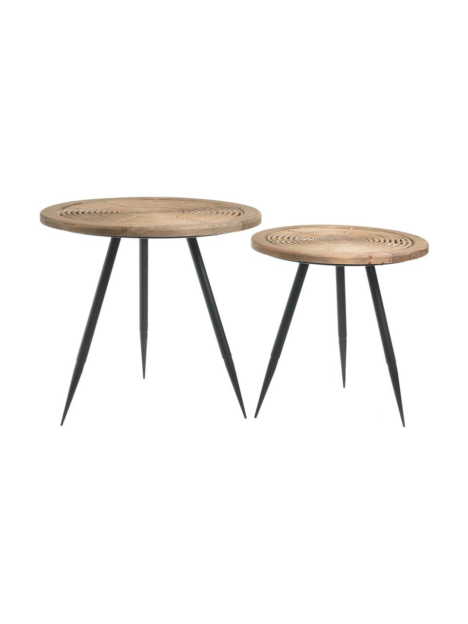 Set de mesas auxiliares Rinni, 2 uds., Tablero: fibra natural, madera, Patas: metal, Beige, negro, Ø 61 x Al 57 cm