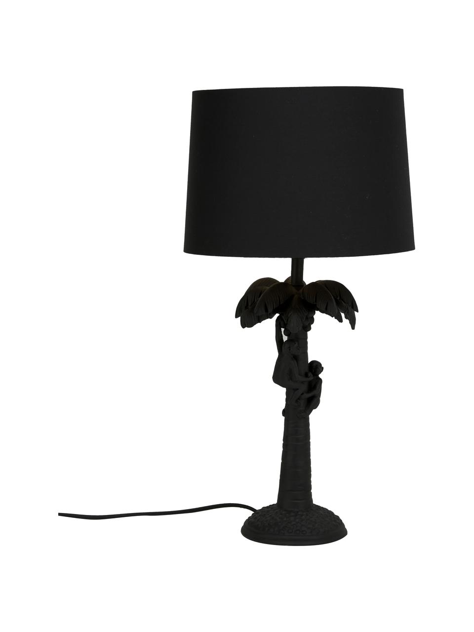 Große Boho-Tischlampe Coconut in Schwarz, Lampenschirm: Baumwolle, Lampenfuß: Kunststoff, Schwarz, Ø 31 x H 58 cm