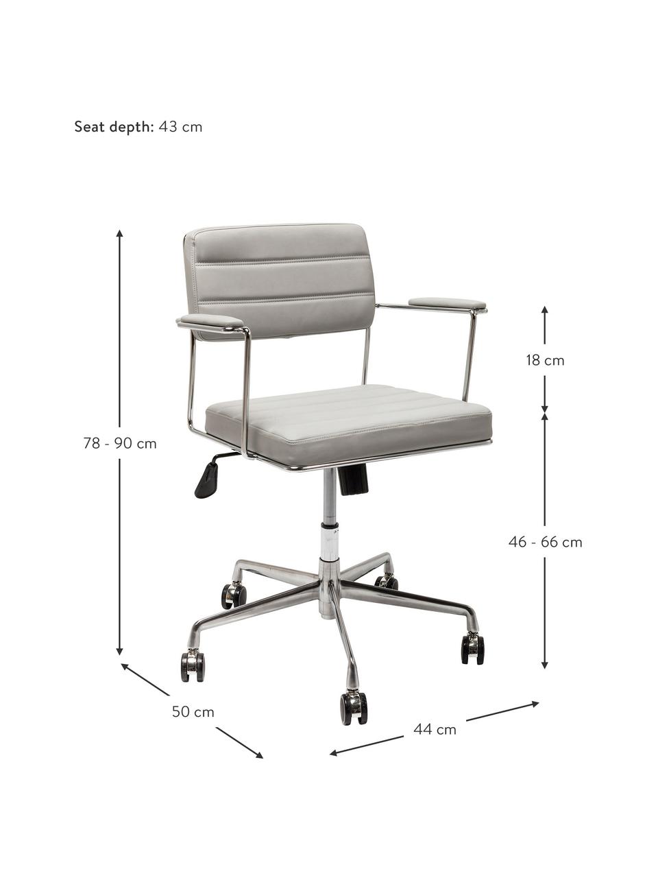 Sedia da scrivania in similpelle Dottore, Rivestimento: similpelle, Seduta: compensato naturale, Struttura: metallo cromato, Ruote: poliuretano, Grigio chiaro, cromo, Larg. 44 x Prof. 50 cm