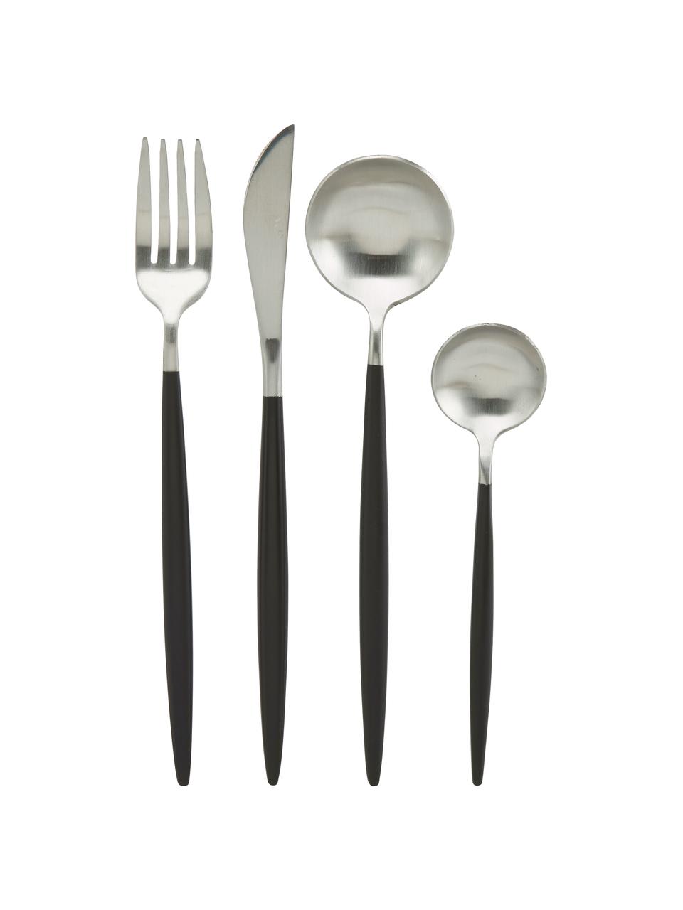 Set 24 posate argentate con manico nero per 6 persone Style, Acciaio inossidabile, Acciaio inossidabile, nero, Set in varie misure