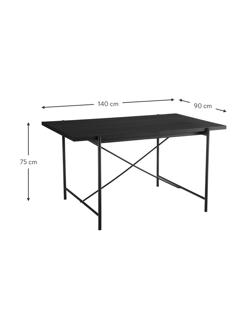 Eettafel Mica, Tafelblad: MDF met eikenhoutfineer, Frame: gepoedercoat metaal, Tafelblad: zwart gelakt eikenhoutfineer. Poten: mat zwart, B 140 x D 90 cm