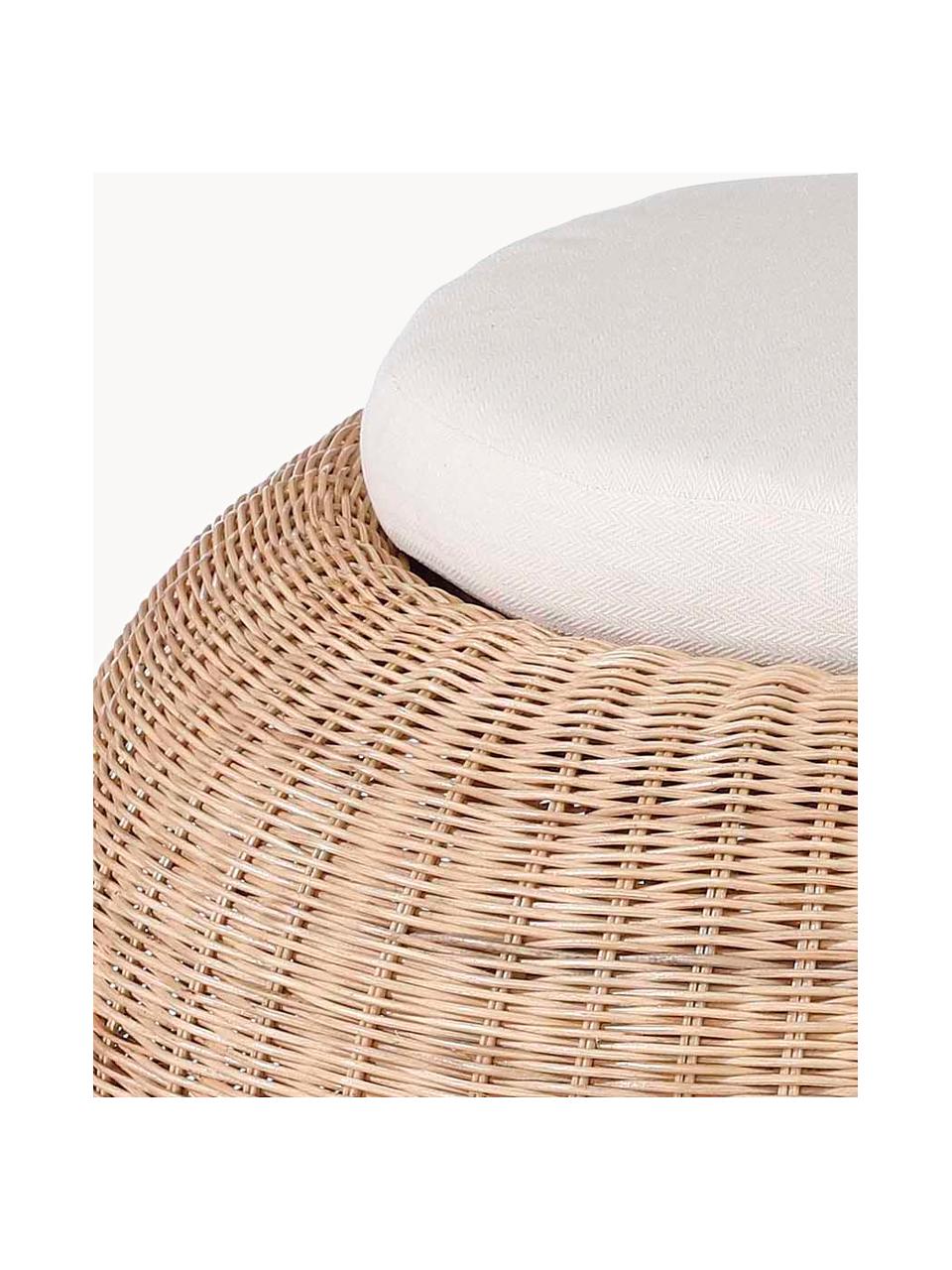 Pouf in rattan con cuscino seduta Bolsena, Tessuto bianco, beige, Ø 84 x Alt. 47 cm