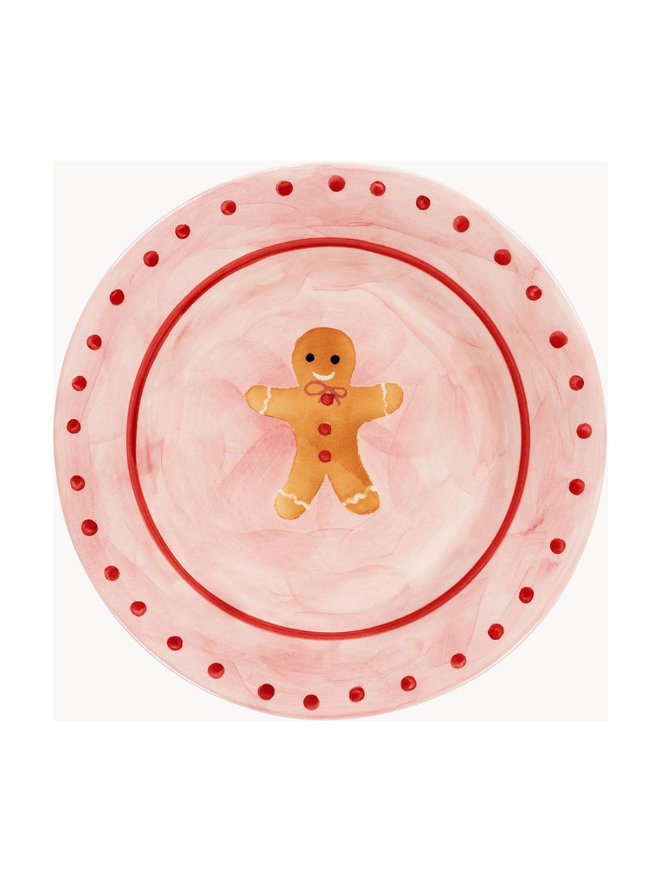 Handbeschilderd ontbijtbord Sweet Gingerbread, Keramiek, Lichtroze, rood, Ø 22 cm