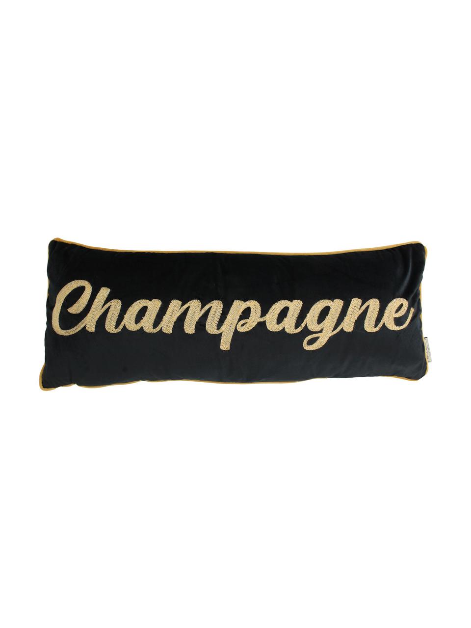 Lang fluwelen kussen Champagne met opschrift, met vulling, Polyester fluweel, Zwart, goudkleurig, 30 x 80 cm