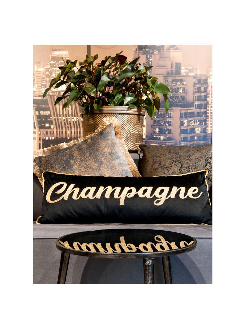 Lang fluwelen kussen Champagne met opschrift, met vulling, Polyester fluweel, Zwart, goudkleurig, 30 x 80 cm