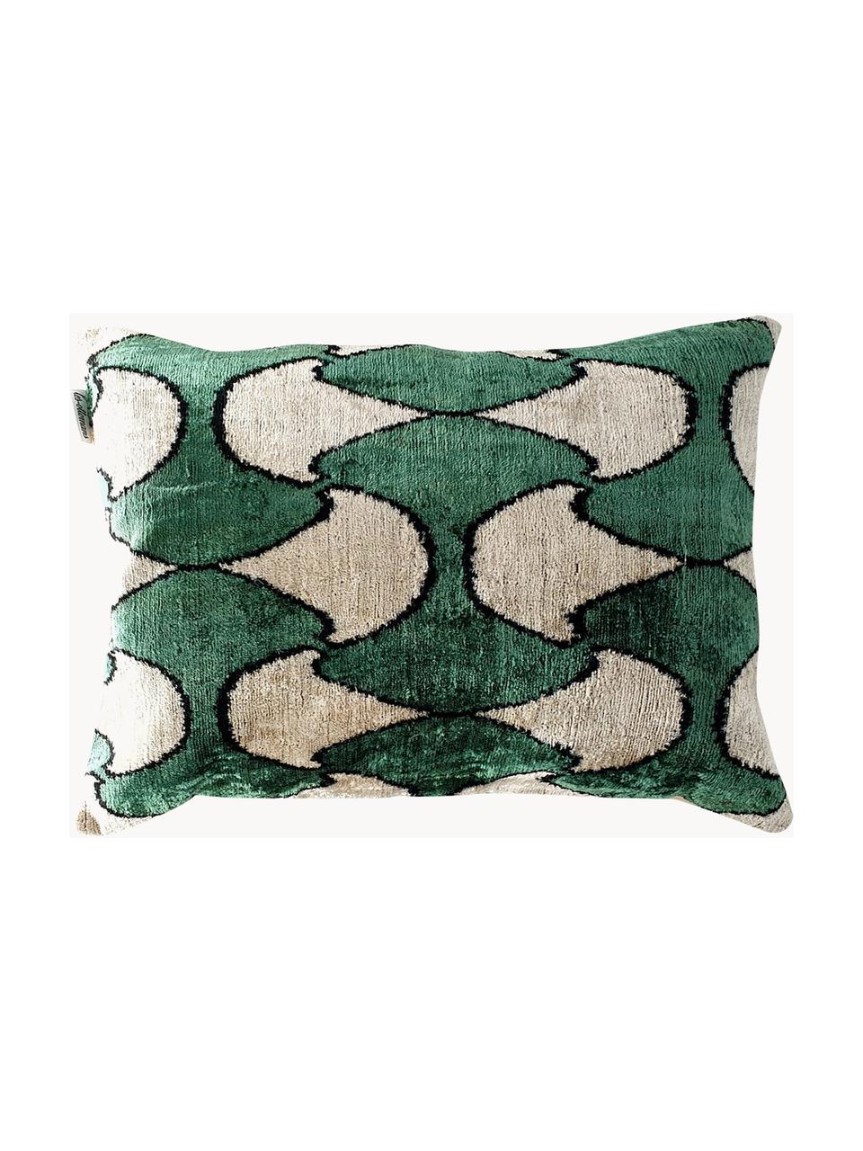 Housse de coussin en velours avec motif abstrait Velvety, Velours de soie (50 % soie, 50 % coton), Vert foncé, beige clair, noir, larg. 40 x long. 60 cm