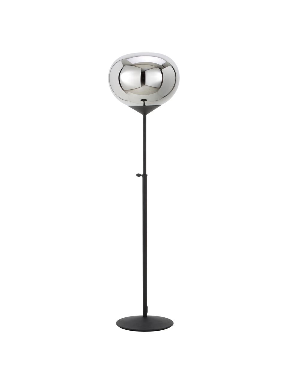 Stehlampe Drop aus verchromtem Glas, Lampenschirm: Glas, verchromt, Lampenfuß: Metall, lackiert, Chrom, Schwarz, Ø 36 x H 164 cm