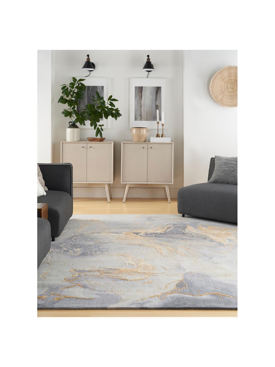 Ručně tkaný koberec s nízkým vlasem a strukturovaným povrchem Prismatic, Šedomodrá, světle šedá, zlatá, Š 120 cm, D 180 cm (velikost S)