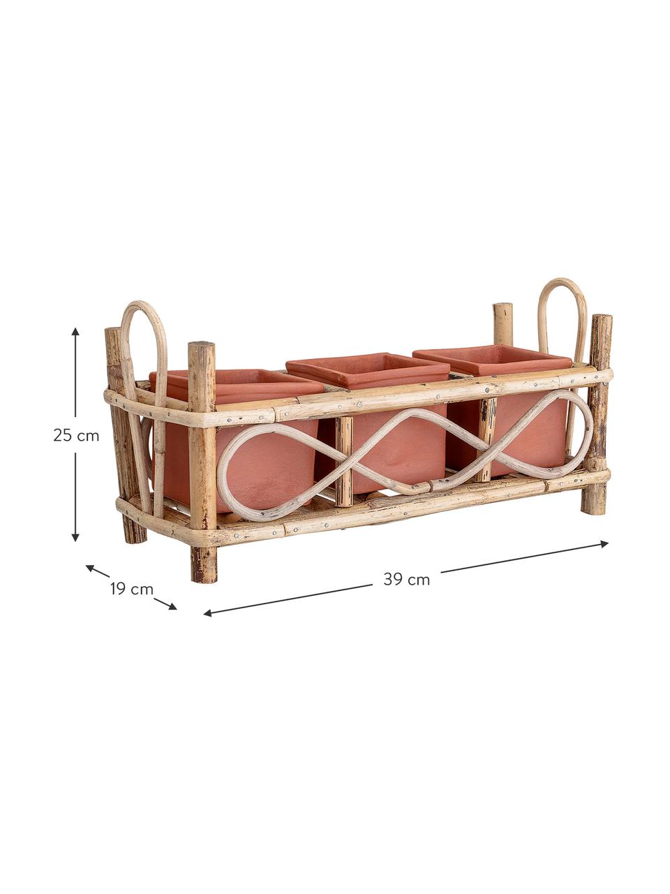 Grosses Pflanztopf-Set Overo aus Terrakotta, 4-tlg., Übertopf: Terrakotta, Gestell: Rohrstock, Terrakottarot, Beige, B 25 x H 39 cm