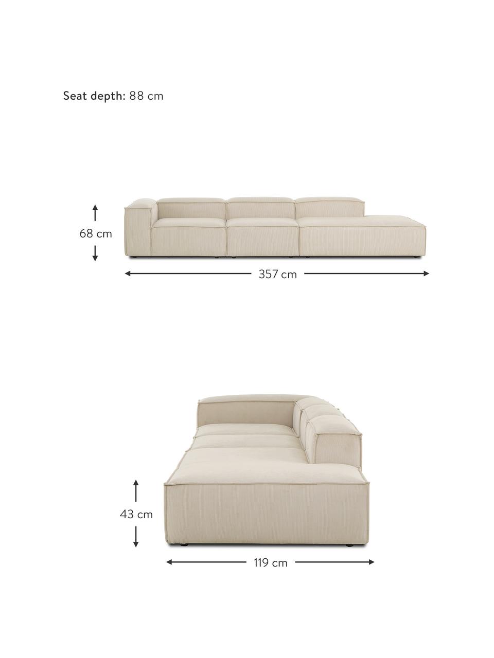 Modulare XL-Ottomane Lennon aus Cord, Bezug: Cord (92 % Polyester, 8 %, Gestell: Massives Kiefernholz FSC-, Füße: Kunststoff Die Füße befin, Cord Hellbeige, B 357 x T 119 cm, Rückenlehne links