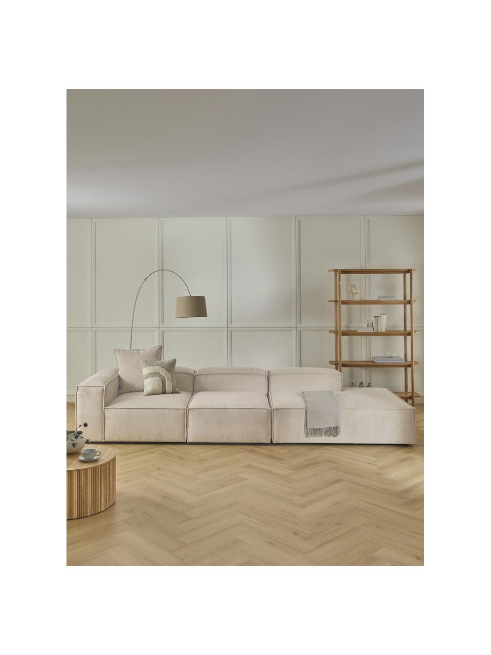 Diván modular grande de pana Lennon, Tapizado: pana (92% poliéster, 8% p, Estructura: madera contrachapada de p, Patas: plástico Las patas están , Pana beige claro, An 357 x F 119 cm, reposabrazos izquierdo