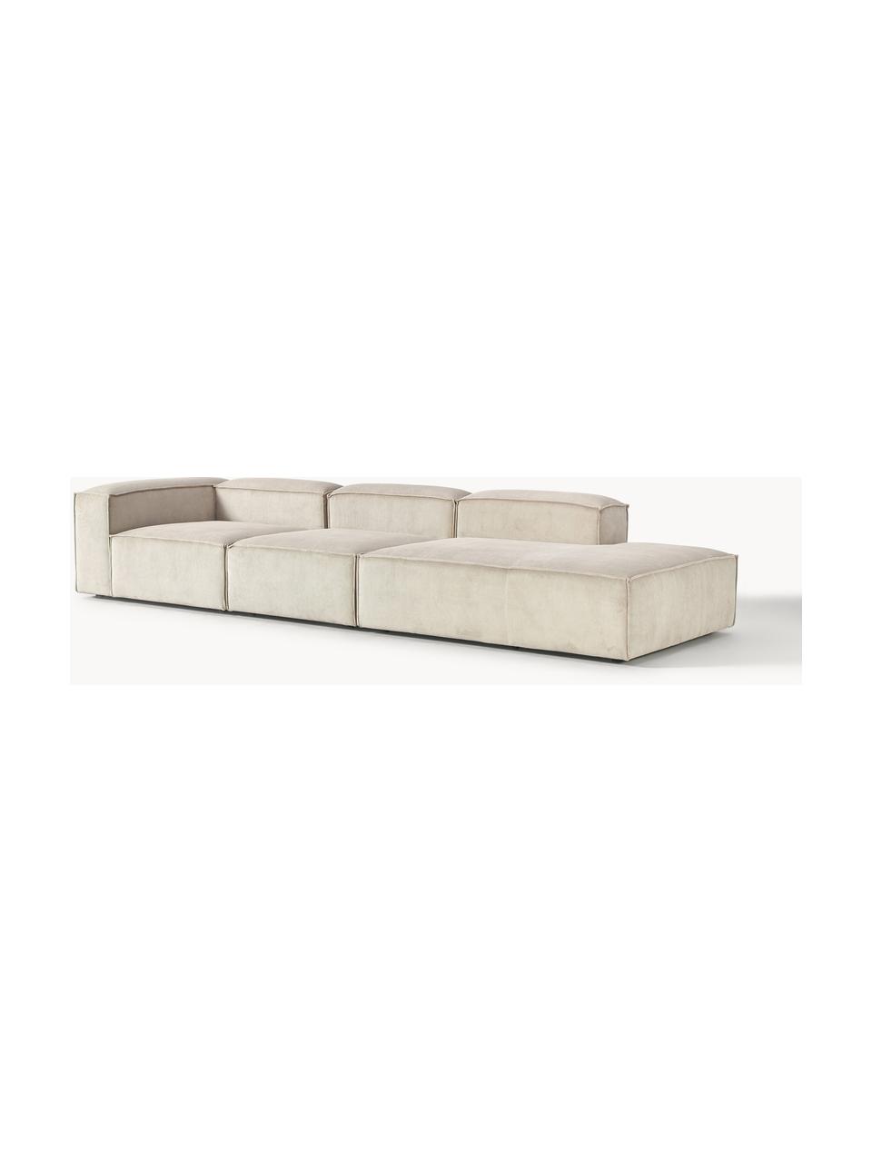 Diván modular grande de pana Lennon, Tapizado: pana (92% poliéster, 8% p, Estructura: madera contrachapada de p, Patas: plástico Las patas están , Pana beige claro, An 357 x F 119 cm, reposabrazos izquierdo