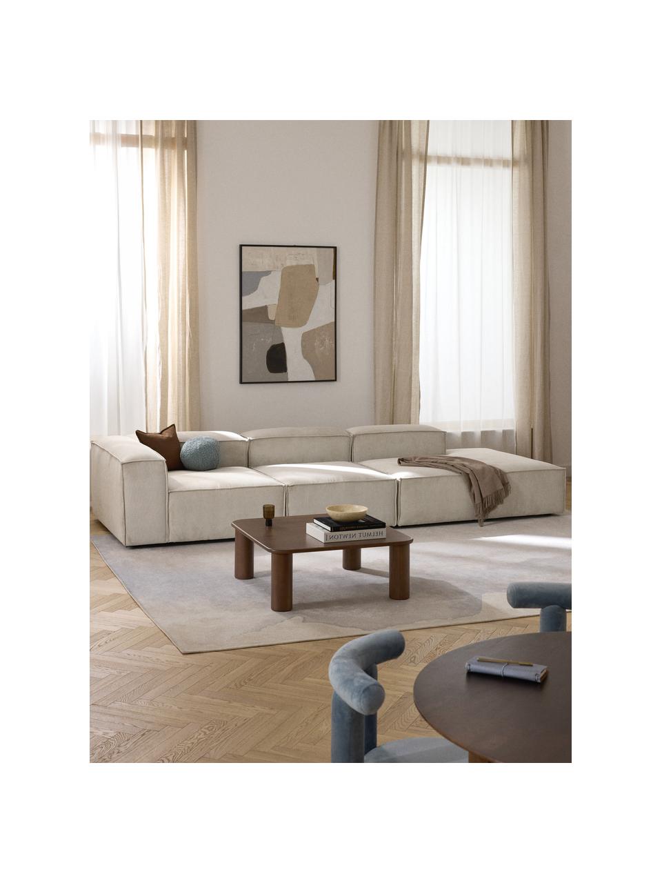 Diván modular grande de pana Lennon, Tapizado: pana (92% poliéster, 8% p, Estructura: madera contrachapada de p, Patas: plástico Las patas están , Pana beige claro, An 357 x F 119 cm, reposabrazos izquierdo