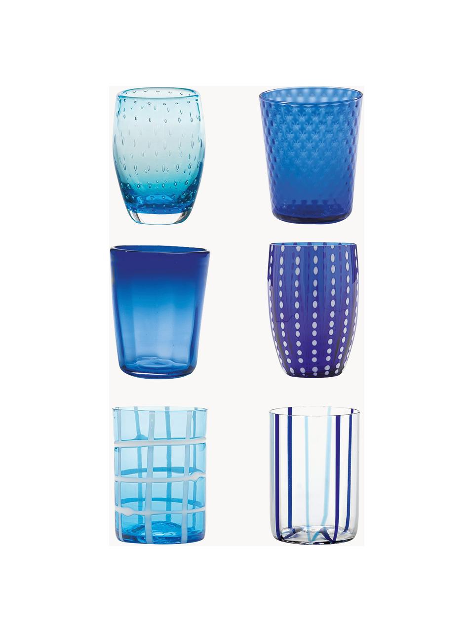 Handgefertigte Wassergläser Melting, 6er-Set, Glas, Blautöne, Transparent, Set mit verschiedenen Grössen