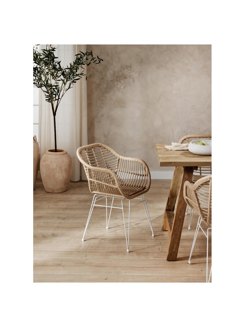 Krzesło z podłokietnikami z polirattanu Costa, 2 szt., Stelaż: metal malowany proszkowo, Jasny brązowy, biały, S 59 x G 58 cm