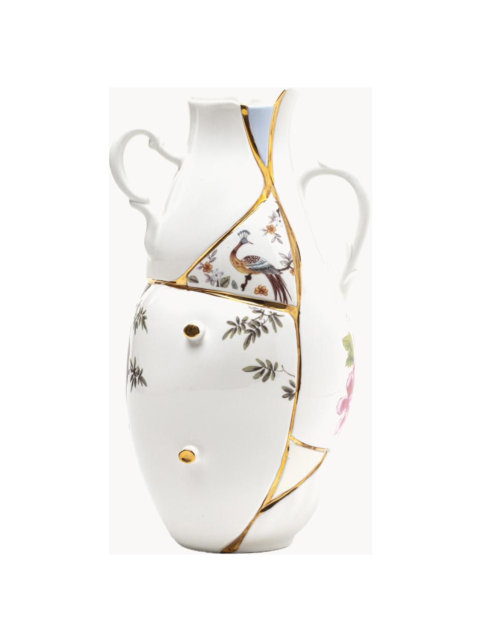 Vase Kintsugi aus Fine Bone China, H 32 cm, Vase: FIne Bone China, Dekor: 24-Karat Gold, Weiss glänzend, Mehrfarbig, B 19 x H 32 cm