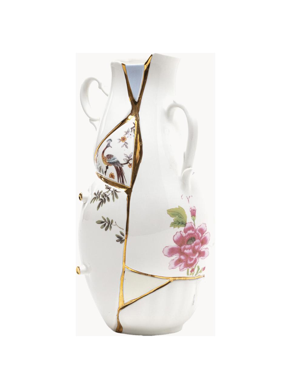 Wazon z porcelany chińskiej Kintsugi, W 32 cm, Biały, błyszczący, wielobarwny, B 19 x W 32 cm