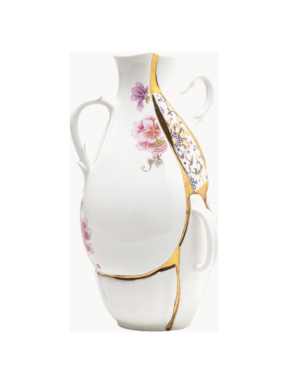 Vase Kintsugi aus Fine Bone China, H 32 cm, Vase: FIne Bone China, Dekor: 24-Karat Gold, Weiss glänzend, Mehrfarbig, B 19 x H 32 cm