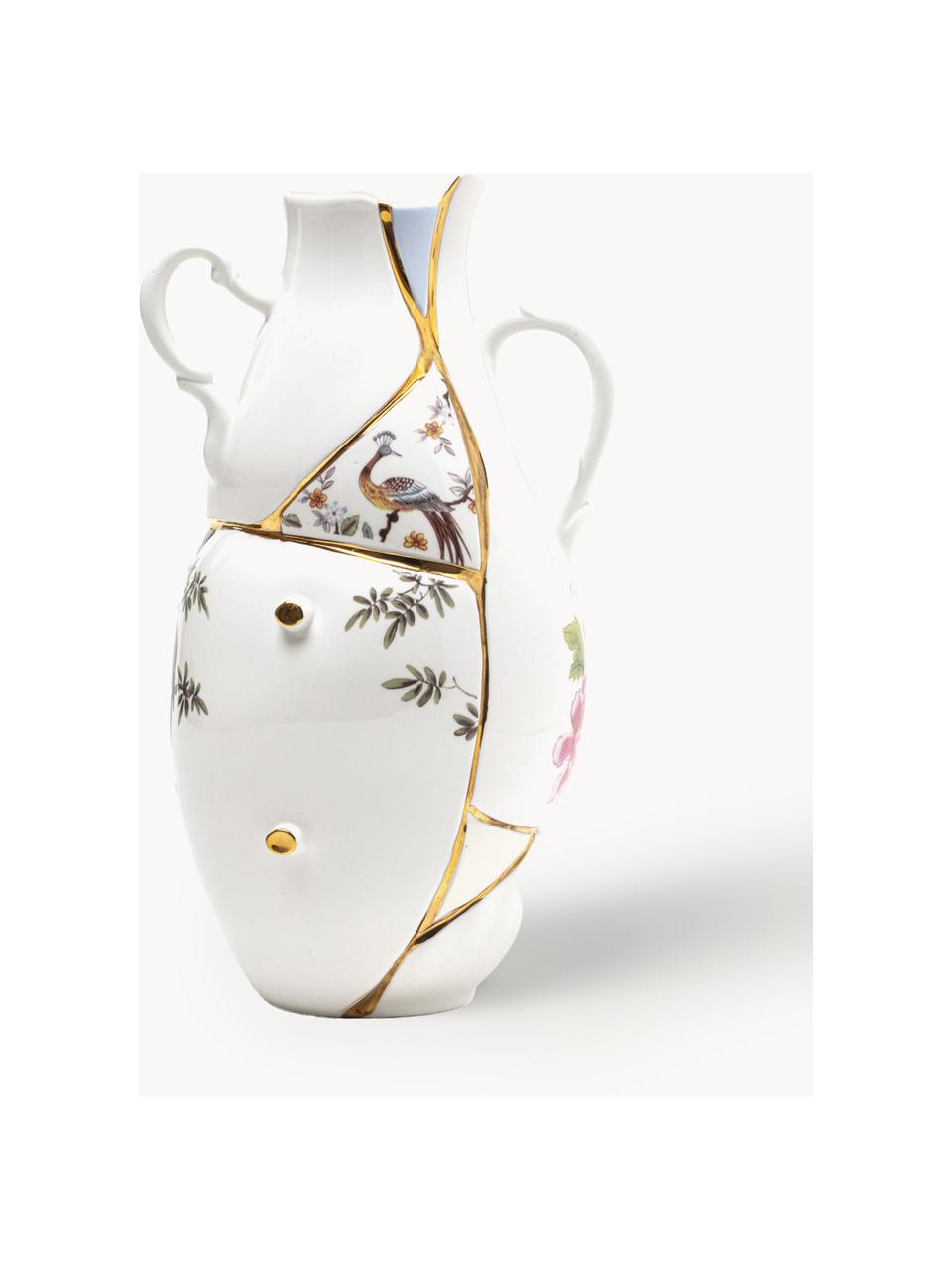 Vase Kintsugi aus Fine Bone China, H 32 cm, Vase: Fine Bone China, Dekor: 24-Karat Gold, Weiß glänzend, Mehrfarbig, B 19 x H 32 cm