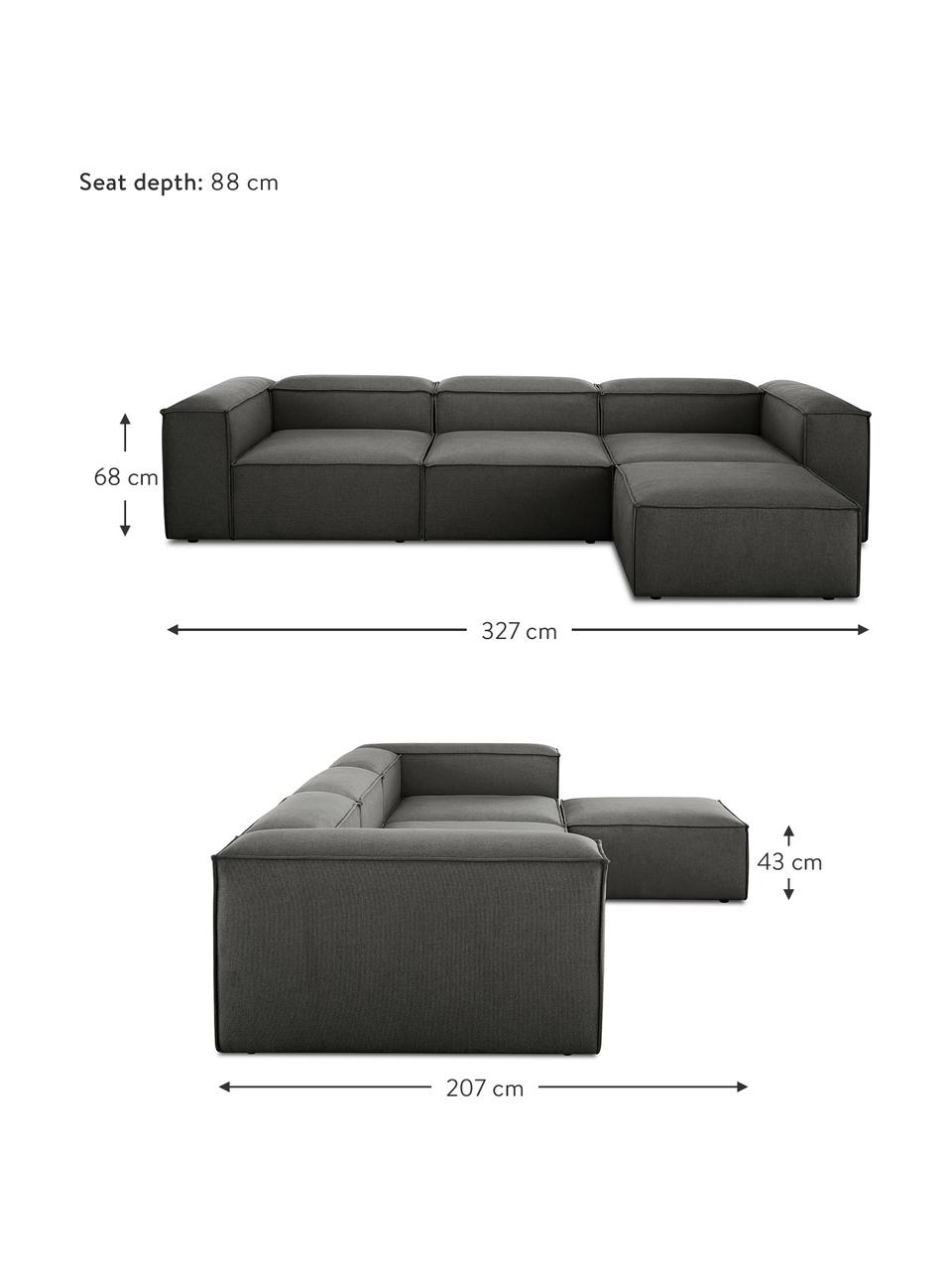 Modulares Sofa Lennon (4-Sitzer) mit Hocker in Anthrazit, Bezug: Polyester Der hochwertige, Gestell: Massives Kiefernholz, Spe, Webstoff Anthrazit, B 327 x T 207 cm