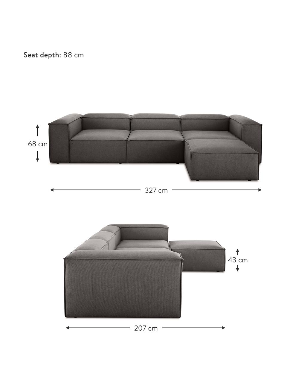 Canapé d'angle modulable 4 places avec pouf Lennon, Tissu anthracite, larg. 327 x prof. 207 cm