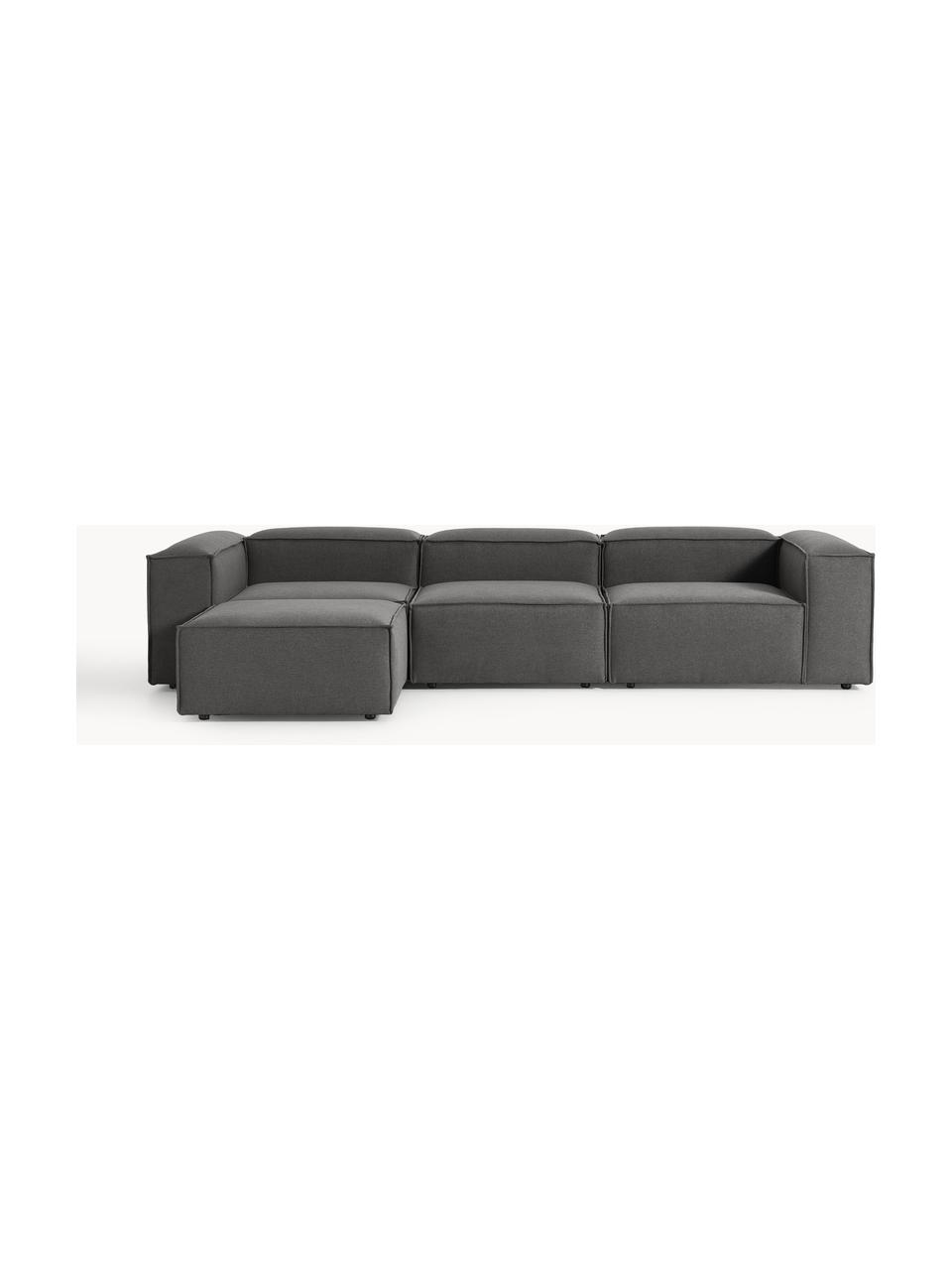 Modulares Sofa Lennon (4-Sitzer) mit Hocker (links/rechts), Bezug: 100 % Polyester Der strap, Gestell: Massives Kiefernholz, Spe, Füße: Kunststoff Dieses Produkt, Webstoff Anthrazit, B 329 x T 207 cm