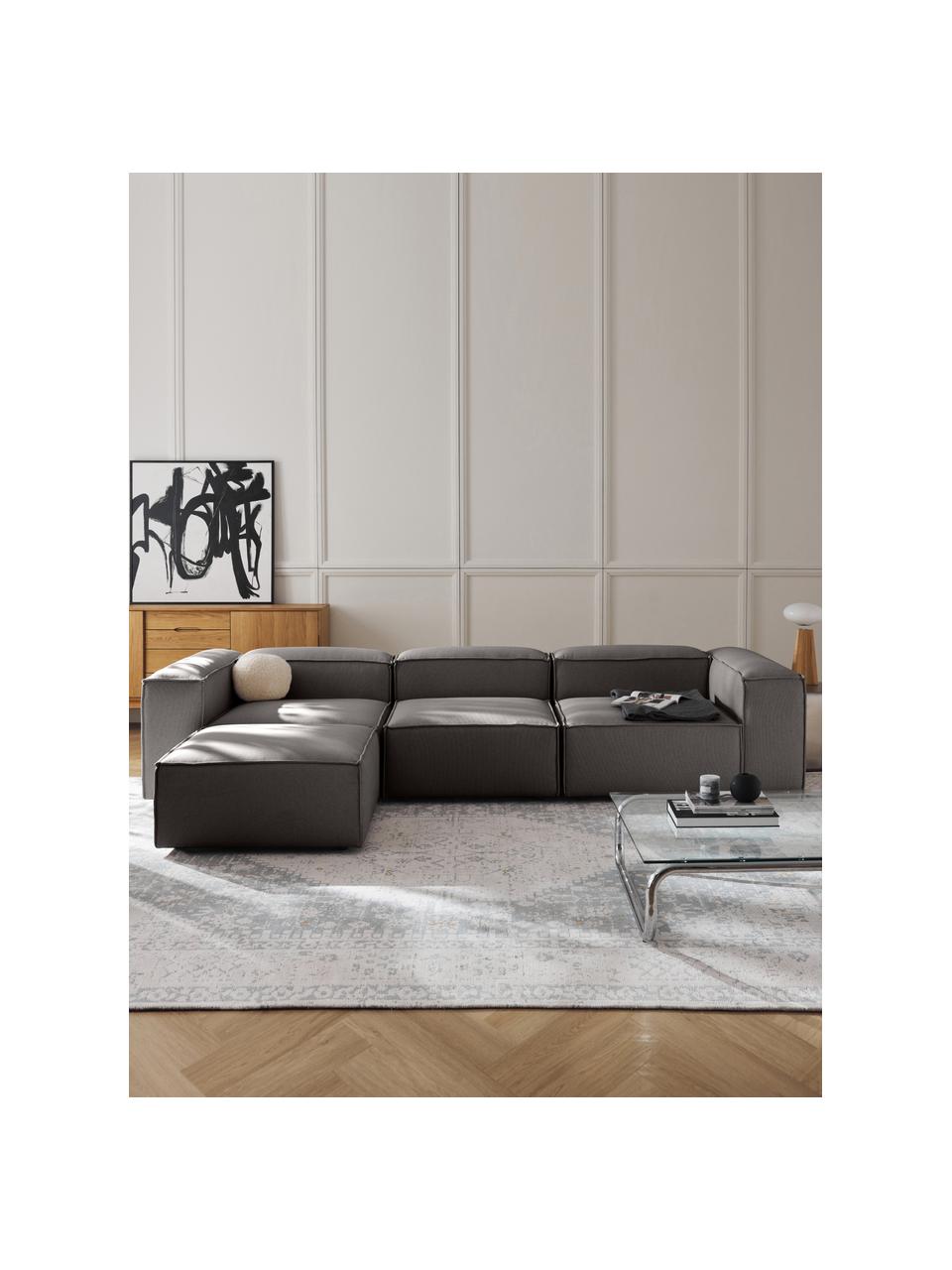 Modulares Sofa Lennon (4-Sitzer) mit Hocker (links/rechts), Bezug: 100 % Polyester Der strap, Gestell: Massives Kiefernholz, Spe, Füße: Kunststoff Dieses Produkt, Webstoff Anthrazit, B 329 x T 207 cm