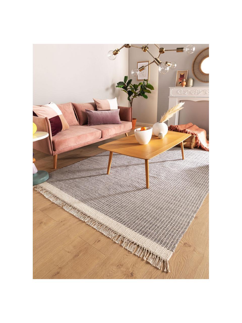 Tapis en laine tissé main beige-crème Kim, Gris, crème