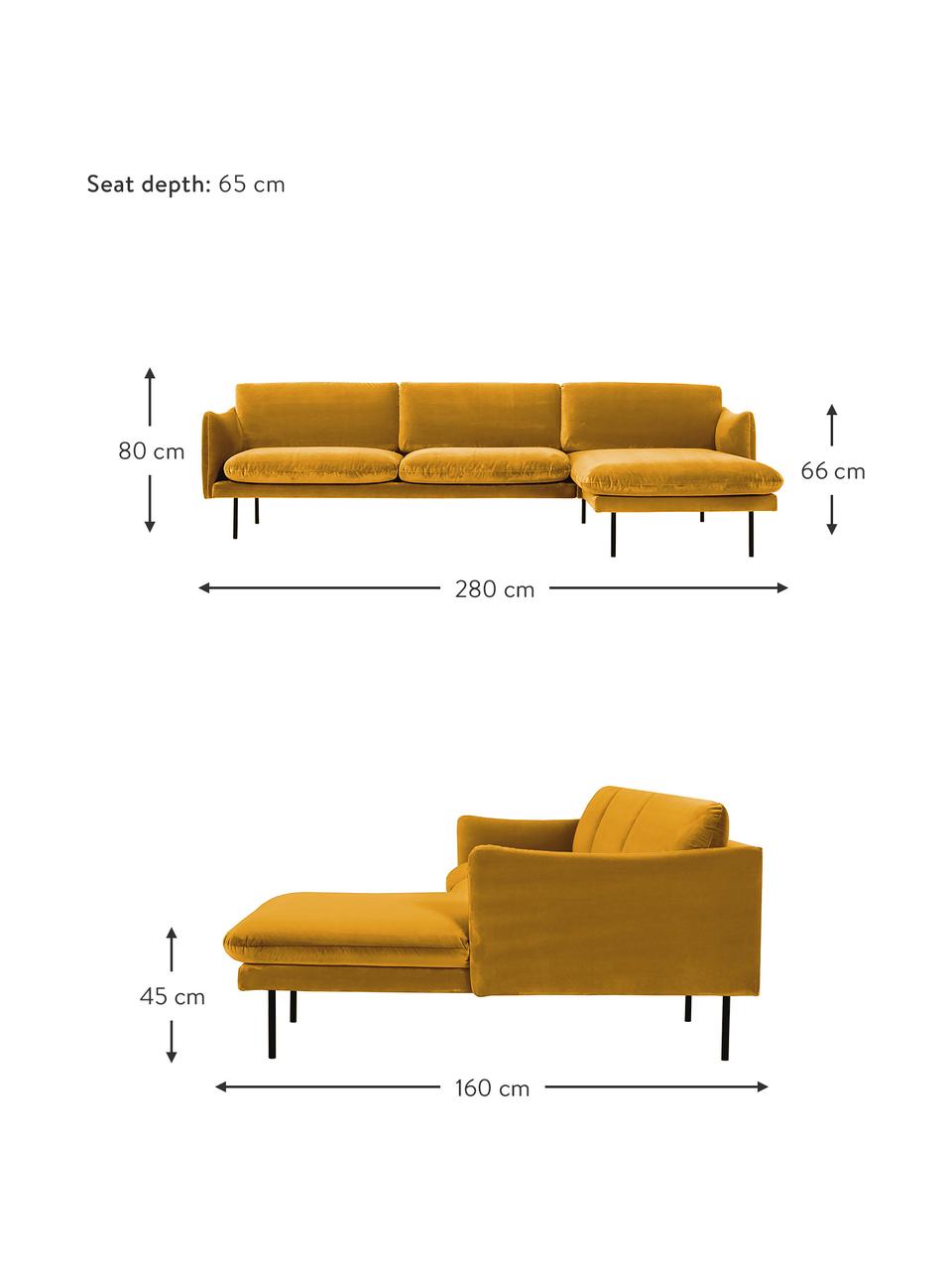 Canapé d'angle en velours et pieds en métal Moby, Velours jaune moutarde, larg. 280 x prof. 160 cm, méridienne à droite