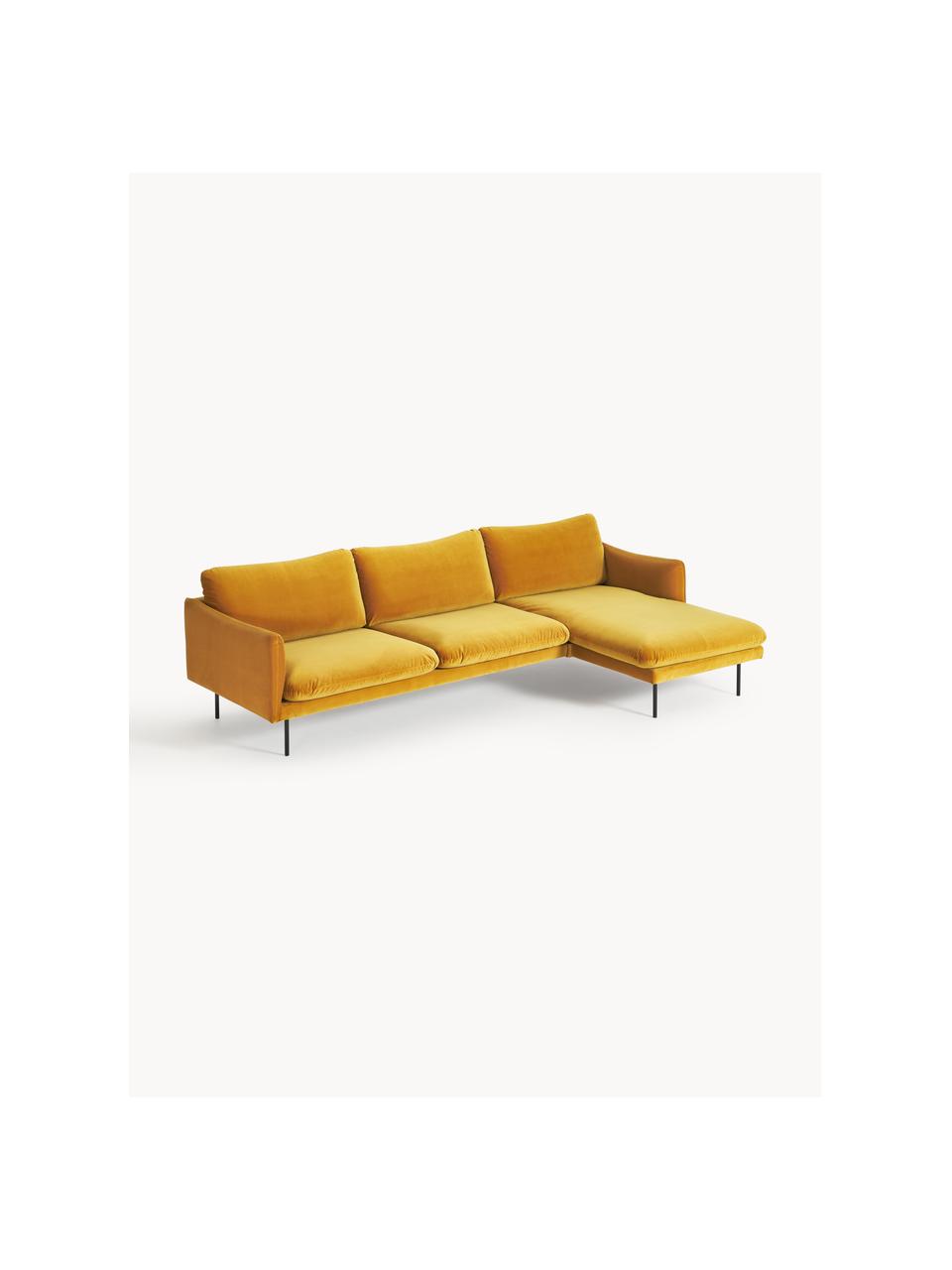 Samt-Ecksofa Moby, Bezug: Samt (Hochwertiger Polyes, Gestell: Massives Kiefernholz, Samt Senfgelb, B 280 x T 160 cm, Eckteil rechts